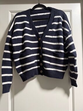 Altar'd State Navy and White Striped Button-Front Cardigan